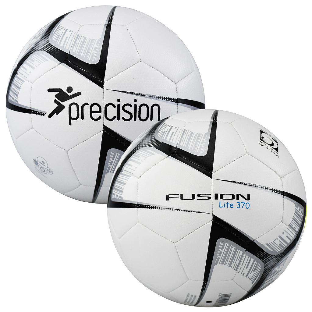 Two white Precision Training Fusion Lite Footballs (370g, size 5) with black and gray geometric patterns. Each durable, machine-stitched TPU ball features stitched panels and either a precision running figure logo or FUSION Lite 370 branding.