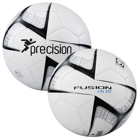 Two white Precision Training Fusion Lite Footballs (370g, size 5) with black and gray geometric patterns. Each durable, machine-stitched TPU ball features stitched panels and either a precision running figure logo or FUSION Lite 370 branding.