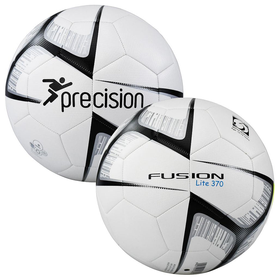 Two white Precision Training Fusion Lite Footballs (370g, size 5) with black and gray geometric patterns. Each durable, machine-stitched TPU ball features stitched panels and either a precision running figure logo or FUSION Lite 370 branding.