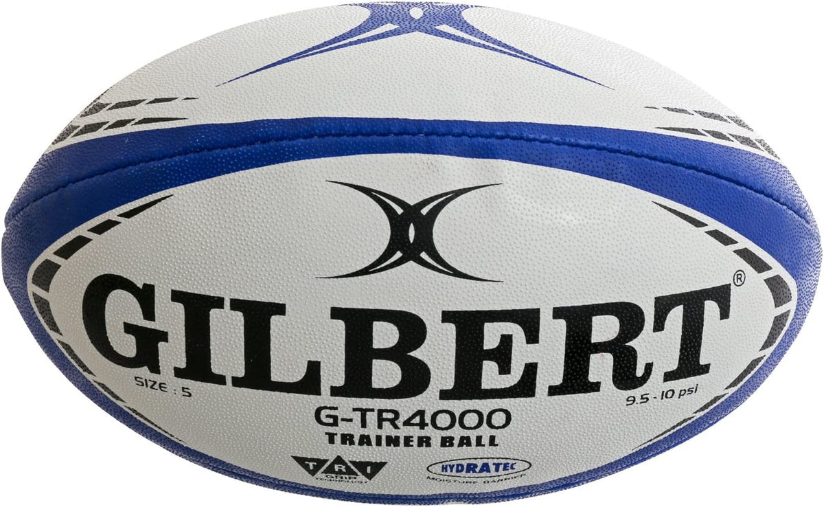 A navy Gilbert G-TR4000 Rugby Ball, size 5, features Tri Grip Technology and printed branding/specs on the surface.