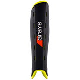 The Grays G600 Hockey Shinguard features a black/yellow design, red and white central logo, vertical ventilation slits, curved ergonomic fit, and a lightweight polymer shell for impact protection.