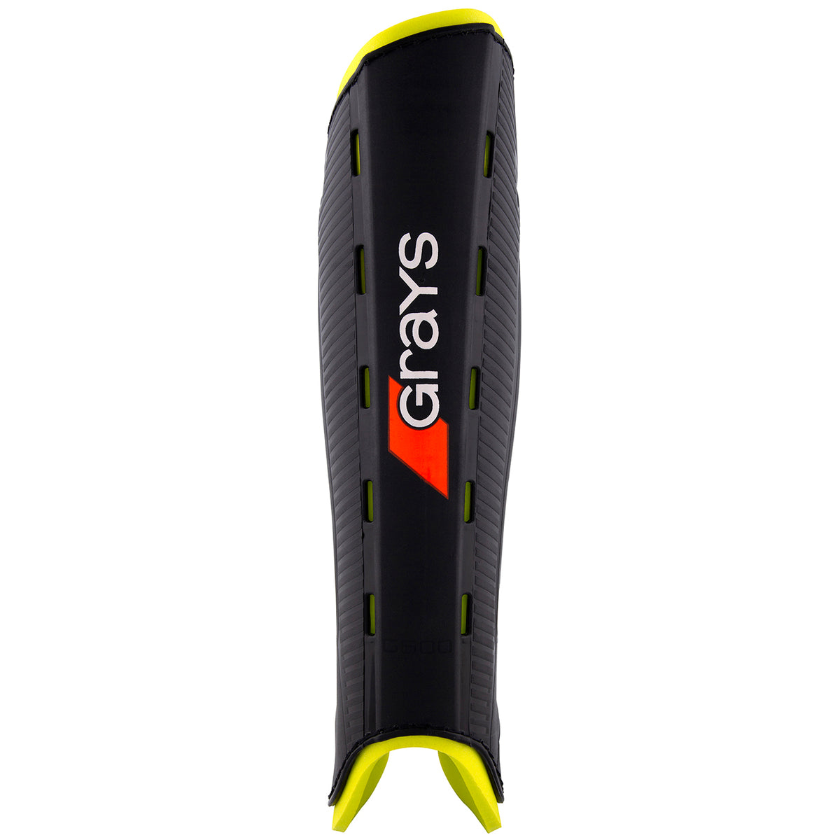 The Grays G600 Hockey Shinguard features a black/yellow design, red and white central logo, vertical ventilation slits, curved ergonomic fit, and a lightweight polymer shell for impact protection.