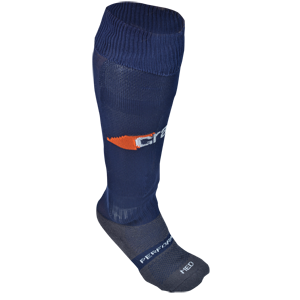 The Grays G650 Hockey Sock by Grays is a single navy knee-high sock with a gray foot and toe, mesh ventilation, an orange and white logo on the shin, and "PENNYWORTH NEO" in white on the foot—ideal for hockey.