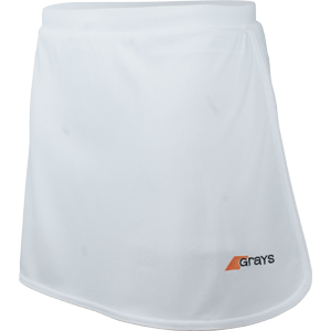 The Grays G600 Skort is a white stretch lycra women’s sports skirt featuring an elastic waistband and the Grays logo in orange and black near the front hem, combining style and comfort for active wear.