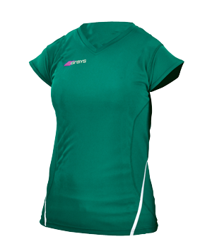 The Grays G650 Women’s Shirt by Grays is a green V-neck with short sleeves, quick-dry fabric, and white accent side lines. A small logo is on the upper left chest. Displayed on a plain white background.