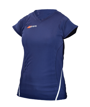 The Grays G650 Womens Shirt is a blue V-neck with short sleeves, white side accents, quick-drying fabric, and a small upper chest logo by Grays.
