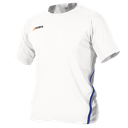 The Grays G650 Womens Shirt by Grays features a plain white V-neck, small left chest logo, thin blue stripe on the right, and quick-drying fabric for excellent moisture management, shown on a light gray background.