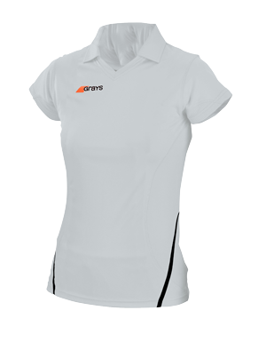 The Grays G750 Womens Shirt is a white polo with short sleeves, black side accents, and a small orange/black Grays logo. Designed for quick-drying comfort with moisture management.