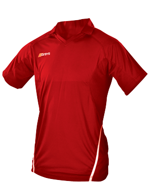 The Grays G750 Junior Shirt is a plain red top made from lightweight, quick-drying fabric, with a small white Grays logo on the right chest and a thin white stripe down the left side, shown on a white background.
