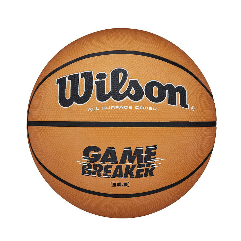 The Wilson Gamebreaker Basketball by Wilson features ALL SURFACE COVER and "GAME BREAKER 28.5" on its orange textured exterior, designed for all-court performance and extended durability, displayed on a white background.