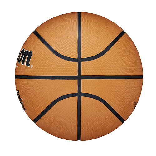 A close-up of the Wilson Gamebreaker Basketball by Wilson, highlighting its durable design and black lines for all court performance, photographed on a white background.