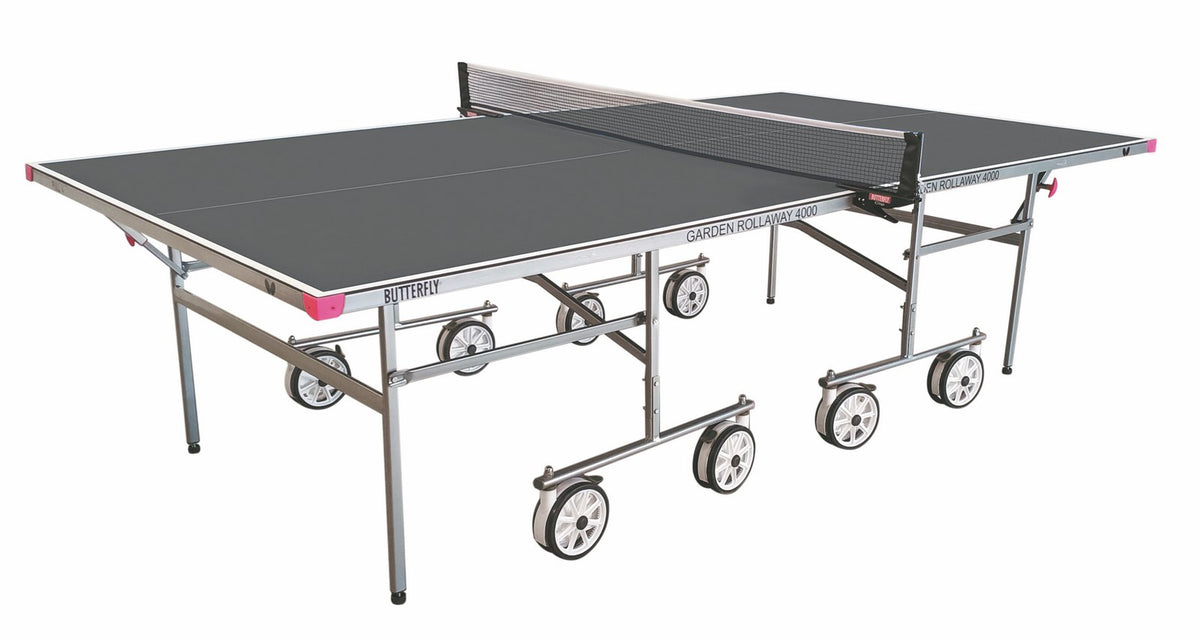 A grey Butterfly Garden Rollaway 4000 Outdoor Table Tennis Table features a durable melamine top, white lines, sturdy metal frame, large wheels for easy movement, and a central net, with the Butterfly brand visible on the side.