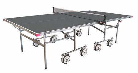 A grey Butterfly Garden Rollaway 4000 Outdoor Table Tennis Table features a durable melamine top, white lines, sturdy metal frame, large wheels for easy movement, and a central net, with the Butterfly brand visible on the side.