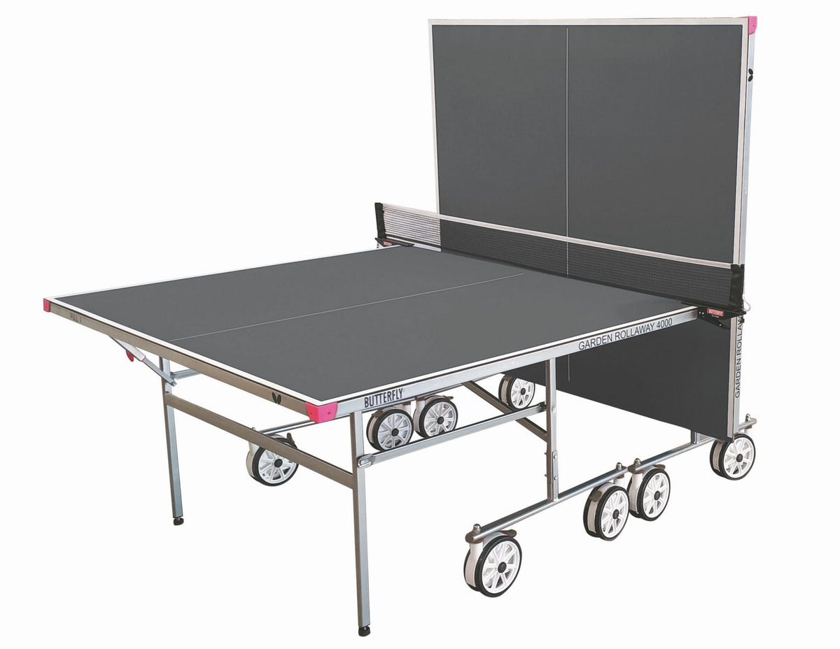The Butterfly Garden Rollaway 4000 Outdoor Table Tennis Table (Grey) features a melamine top, solo practice setup with one half upright, wheels for mobility, net divider, and the “Butterfly” brand logo on the side.