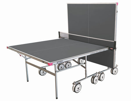 The Butterfly Garden Rollaway 4000 Outdoor Table Tennis Table (Grey) features a melamine top, solo practice setup with one half upright, wheels for mobility, net divider, and the “Butterfly” brand logo on the side.