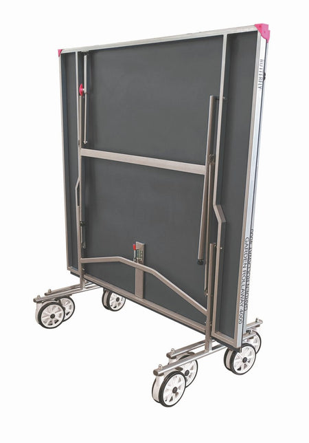The Butterfly Garden Rollaway 4000 Outdoor Table Tennis Table by Butterfly is a large, rectangular grey folding table with a melamine top, metal frame, and four sets of double wheels for easy transport and storage.