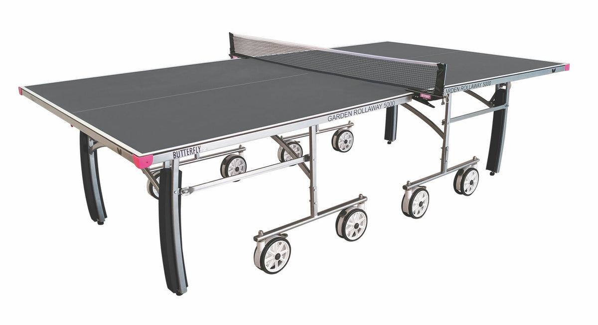 The Butterfly Garden Rollaway 5000 Outdoor Table Tennis Table in grey features a durable melamine top, center net, foldable legs, and large wheels for easy mobility.