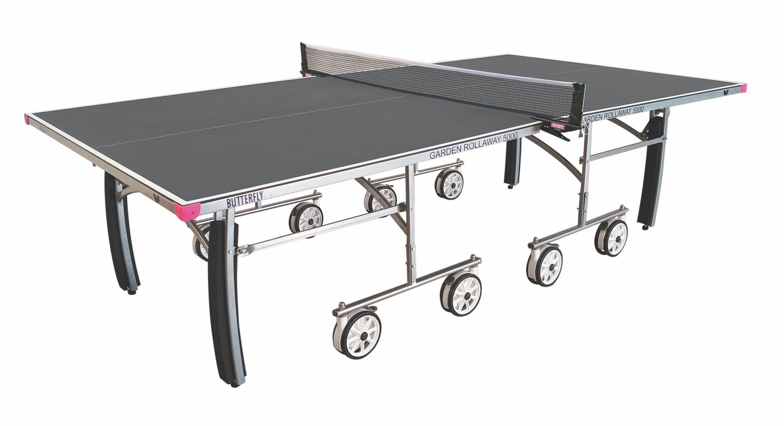 The Butterfly Garden Rollaway 5000 Outdoor Table Tennis Table in grey features a durable melamine top, center net, foldable legs, and large wheels for easy mobility.