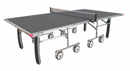 The Butterfly Garden Rollaway 5000 Outdoor Table Tennis Table in grey features a durable melamine top, center net, foldable legs, and large wheels for easy mobility.