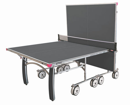 The Butterfly Garden Rollaway 5000 Outdoor Table Tennis Table (Grey) features a melamine top, metal legs, large wheels, and a net. It can be half folded upright for solo play.