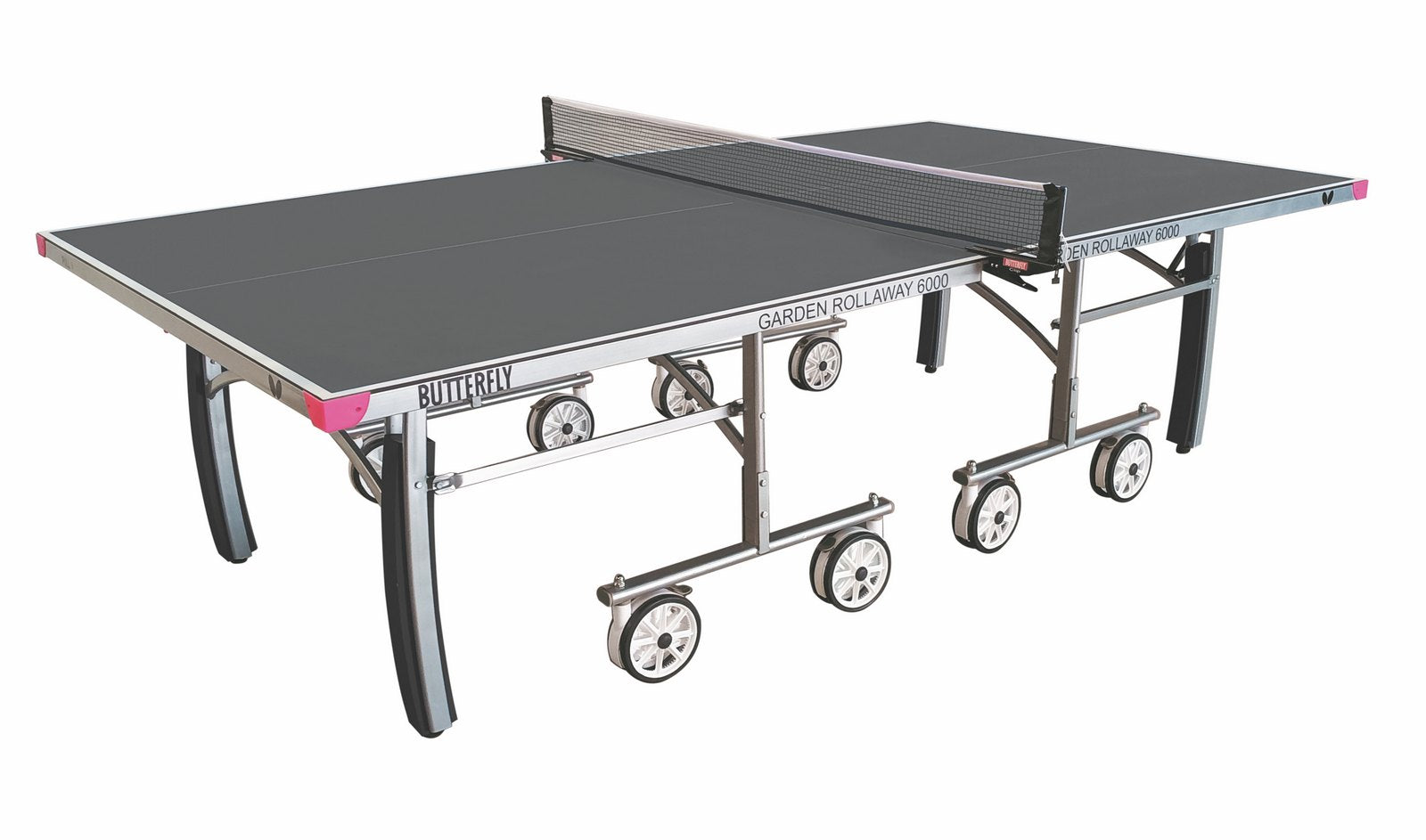 The Butterfly Garden Rollaway 6000 Outdoor Table Tennis Table (Grey) features a 6mm melamine top, net, foldable legs, and four large wheels per half for easy transport. The Butterfly logo is visible on the side.