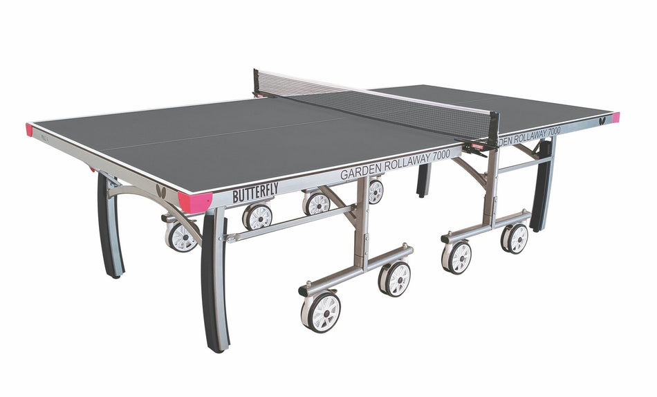 The Butterfly Garden Rollaway 7000 Outdoor Table Tennis Table (Grey) features a sturdy metal frame, 7mm melamine top, foldable design with wheels for easy storage, and attached net—ideal for outdoor use.