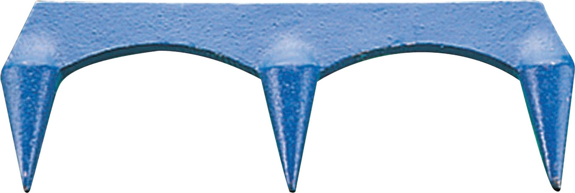 The Kookaburra Stump Gauge by Kookaburra is a blue metal tool with three evenly spaced prongs designed for securely gripping or hooking cricket stumps in place.