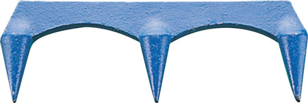 The Kookaburra Stump Gauge by Kookaburra is a blue metal tool with three evenly spaced prongs designed for securely gripping or hooking cricket stumps in place.