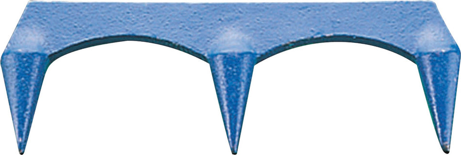 The Kookaburra Stump Gauge by Kookaburra is a blue metal tool with three evenly spaced prongs designed for securely gripping or hooking cricket stumps in place.
