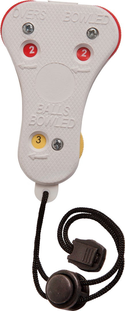 The Kookaburra Umpires Counter by Kookaburra is a handheld white tool for tracking balls and overs, with buttons labeled 2 in red and 3 in yellow, marked OVERS BATTS BOWLED, and includes a black cord at the bottom.