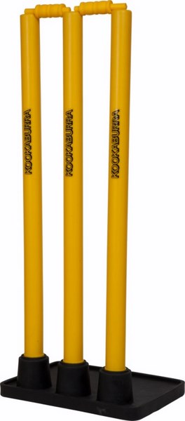 The Kookaburra Plastic Stumps feature three durable yellow stumps with Kookaburra branding and a sturdy rubber base, making them ideal for cricket training and practice sessions.
