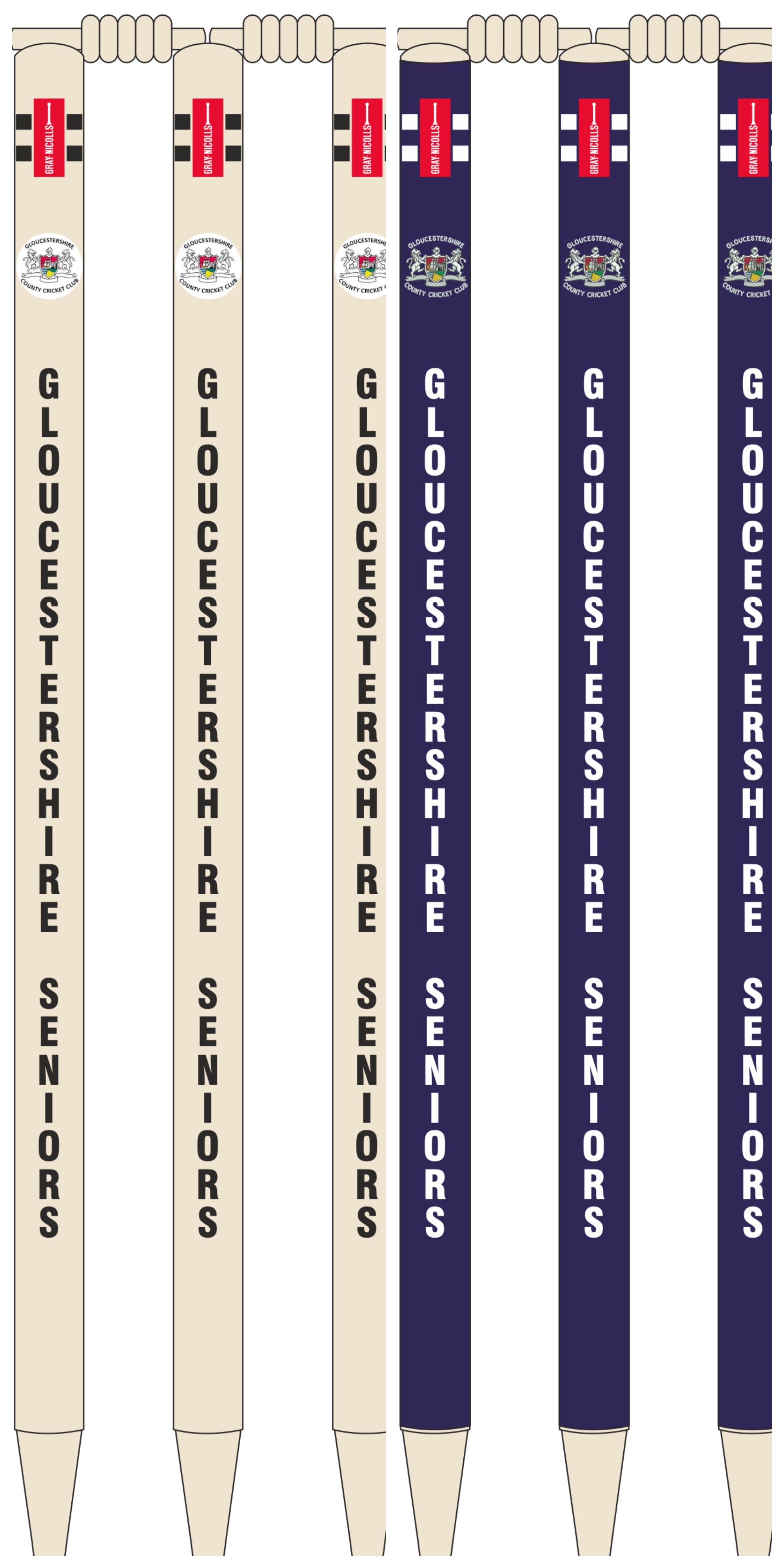 Four cream and four navy vertical pens, each with a red top and Gloucestershire Seniors crest, are custom printed by Gray Nicolls to resemble club cricket stumps, featuring "GLOUCESTERSHIRE SENIORS" printed down the side.