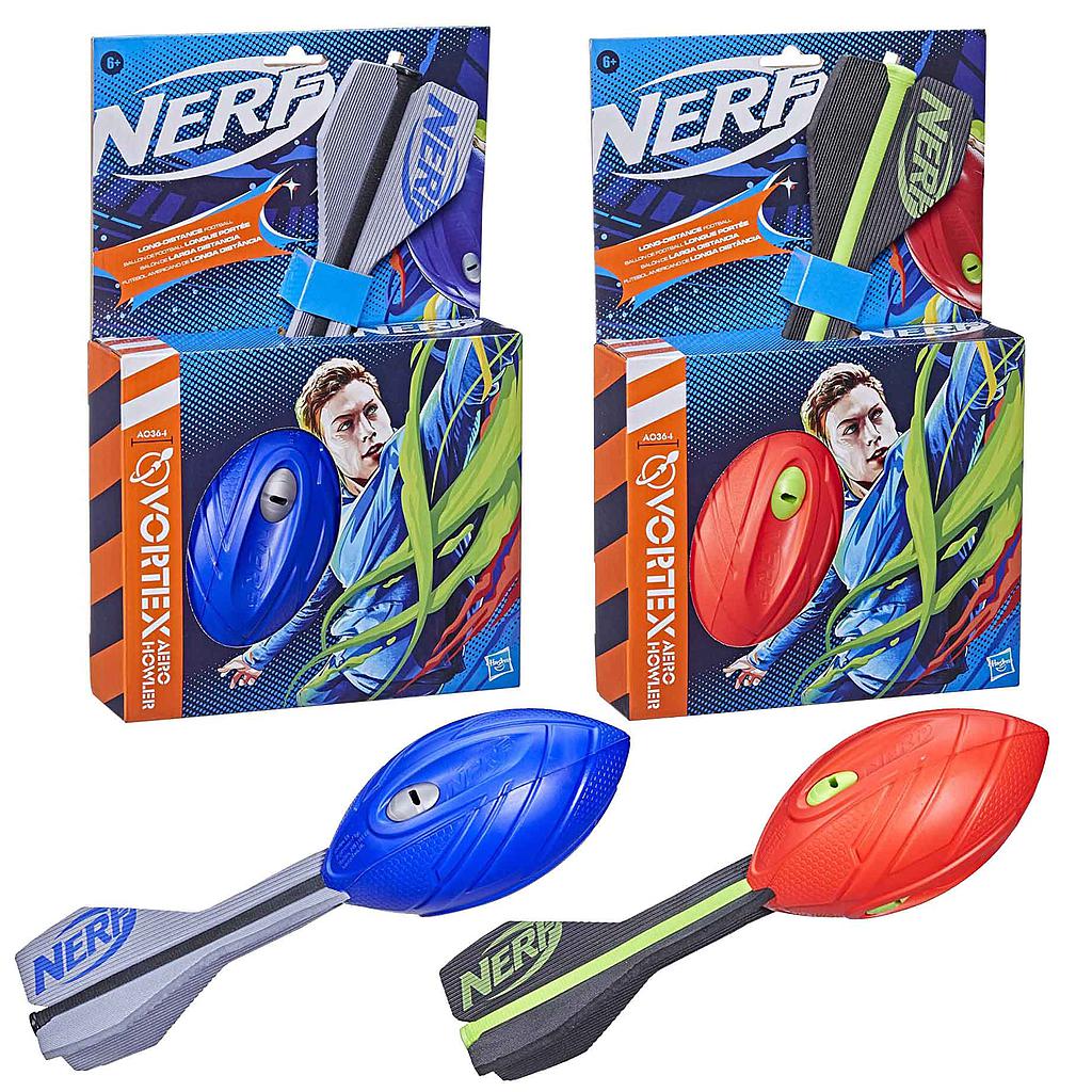 Two Nerf Vortex Aero Howler footballs by Nerf, one blue/gray and one red/green, shown in packaging with matching loose balls; ideal for throwing fun. Packaging displays an athlete in action.