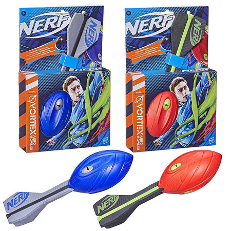Two Nerf Vortex Aero Howler footballs by Nerf, one blue/gray and one red/green, shown in packaging with matching loose balls; ideal for throwing fun. Packaging displays an athlete in action.