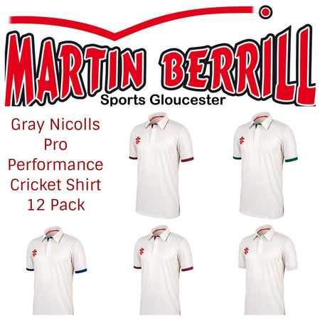 Six white Gray Nicolls Pro Performance V2 Cricket Shirts with colored trims appear under the Martin Berrill Sports Gloucester logo. Text reads: Gray Nicolls Pro Performance V2 Cricket Shirt 12 Pack with Logo—perfect for custom team orders.