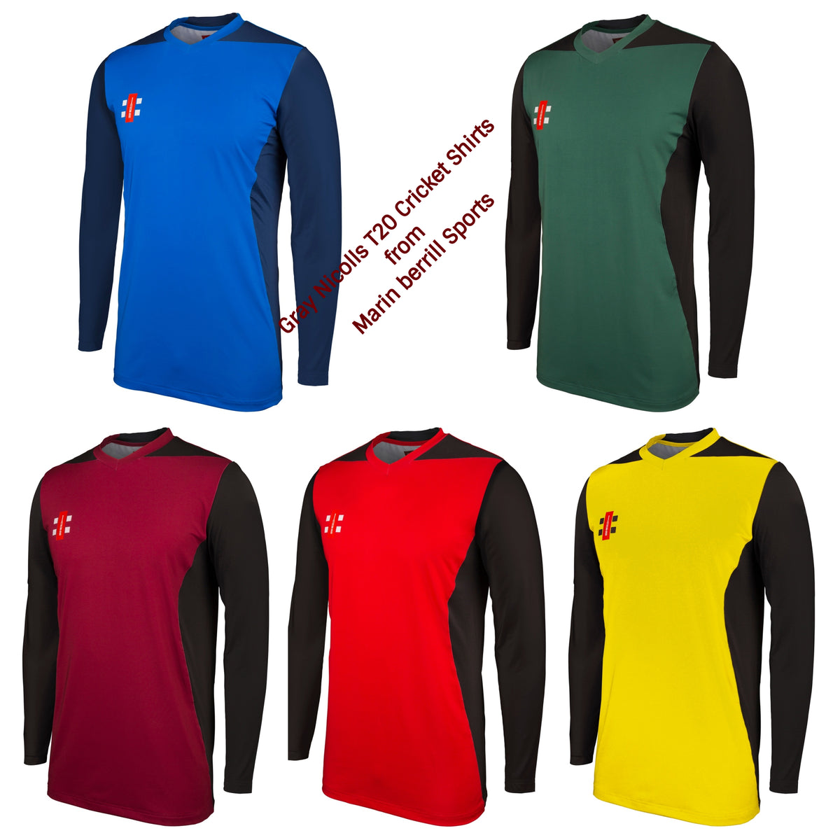 Five long-sleeve Gray Nicolls T20 shirts in blue, green, maroon, red, and yellow with black sleeves are displayed. Diagonal text says: Gray Nicolls T20 Shirt Long Sleeve collection from Mann Ibberri Sports.