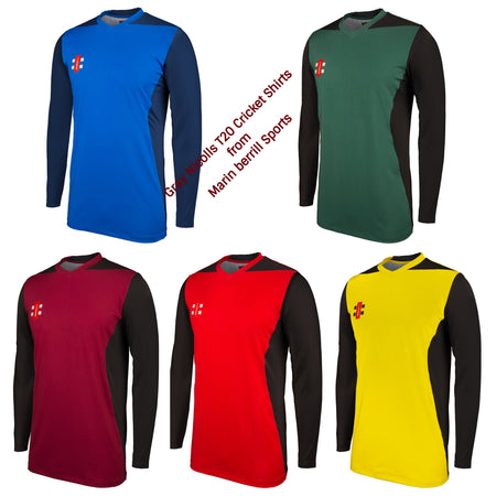 Five long-sleeve Gray Nicolls T20 shirts in blue, green, maroon, red, and yellow with black sleeves are displayed. Diagonal text says: Gray Nicolls T20 Shirt Long Sleeve collection from Mann Ibberri Sports.