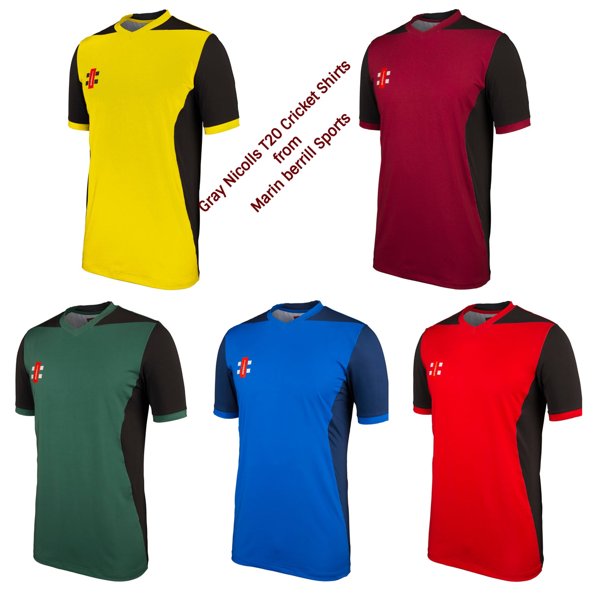 Five Gray Nicolls T20 Shirt Short Sleeve jerseys in yellow, maroon, green, blue, and red with black sleeves are shown. Text: Gray Nicolls T20 Shirt Short Sleeve from Martin Berrill Sports.