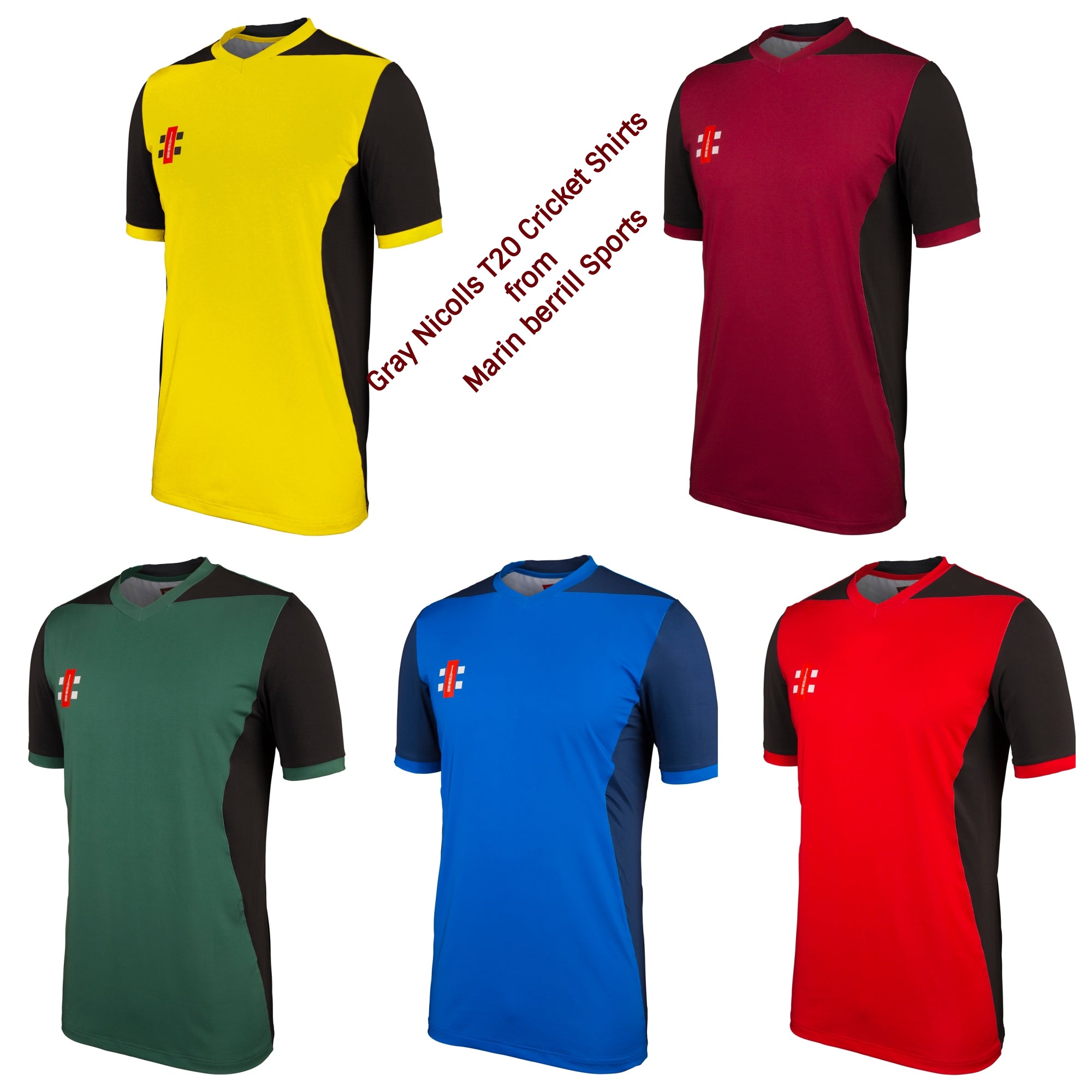 Five Gray Nicolls T20 Shirt Short Sleeve jerseys in yellow, maroon, green, blue, and red with black sleeves are shown. Text: Gray Nicolls T20 Shirt Short Sleeve from Martin Berrill Sports.