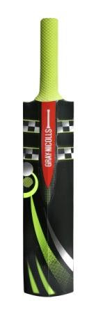 The Gray Nicolls Cloud Catcher Bat features a bright green handle, black body, neon green and white accents, and a red front label with white text—ideal for enhancing your catching skills.