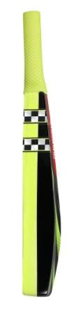The Gray Nicolls Cloud Catcher Bat features a neon yellow and black design, textured handle, and checkered black-and-white accents—ideal for sharpening your fielding skills.