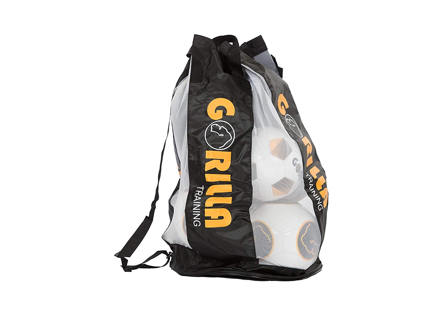 The Gorilla Training Ten Ball Sack by Gorilla Training is a black mesh bag with "GORILLA" in yellow letters, adjustable straps, and a partially transparent design showing white and orange soccer balls inside.