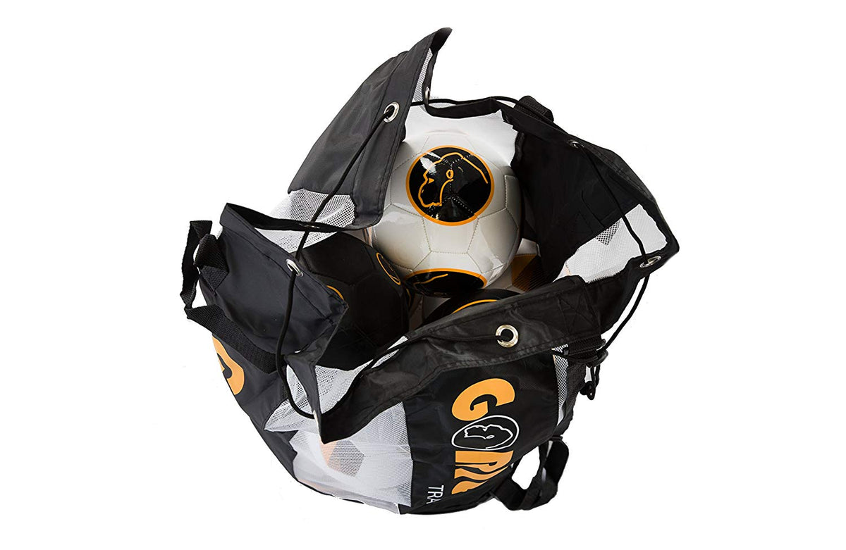 The Gorilla Training Ten Ball Sack by Gorilla Training is a black and white mesh sports bag with "GO" printed on it. Its open top reveals three black and white soccer balls with yellow accents inside.