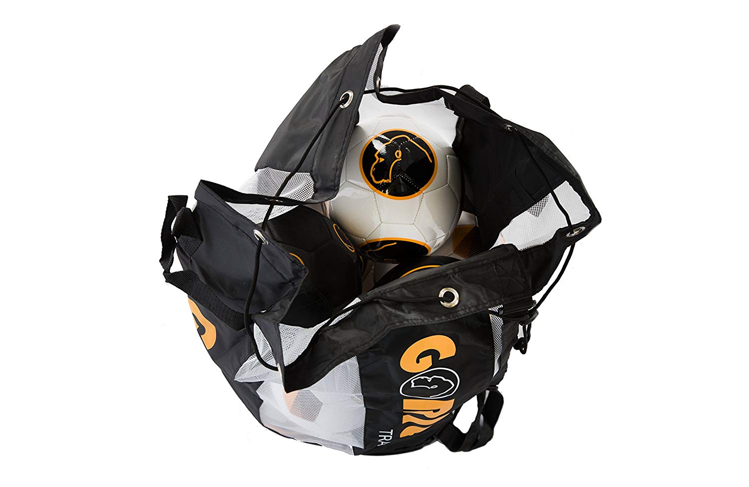 The Gorilla Training Ten Ball Sack by Gorilla Training is a black and white mesh sports bag with "GO" printed on it. Its open top reveals three black and white soccer balls with yellow accents inside.