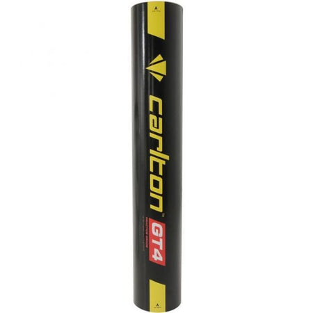 A black cylindrical tube labeled 'Carlton' in yellow with a yellow geometric logo above and a red and white GT4 label contains Carlton GT4 Feather Shuttles, designed for club badminton players.