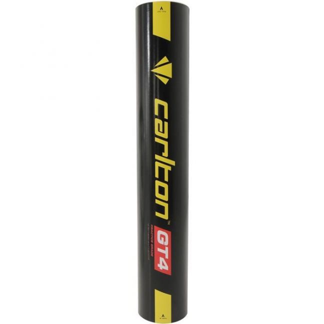 A black cylindrical tube labeled 'Carlton' in yellow with a yellow geometric logo above and a red and white GT4 label contains Carlton GT4 Feather Shuttles, designed for club badminton players.