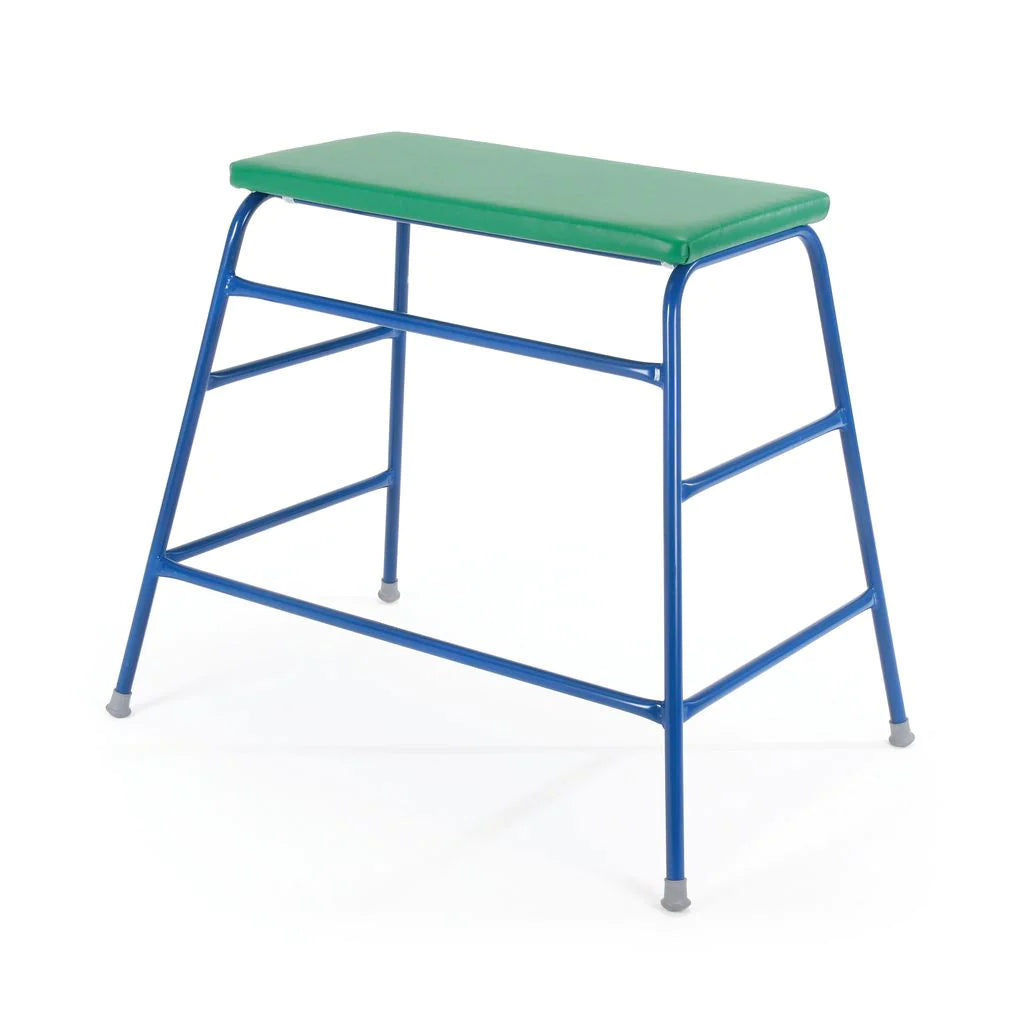 The Niels Larsen Agility Table by Niels Larsen features a green-cushioned rectangular stool on a sturdy blue metal frame with four angled legs and gray rubber caps. Designed for adjustable height tables, it includes horizontal support bars for stability.