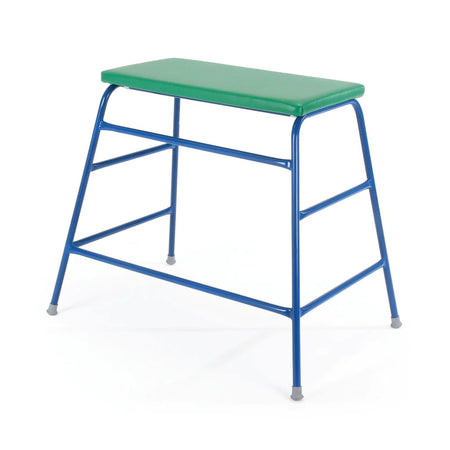 The Niels Larsen Agility Table by Niels Larsen features a green-cushioned rectangular stool on a sturdy blue metal frame with four angled legs and gray rubber caps. Designed for adjustable height tables, it includes horizontal support bars for stability.