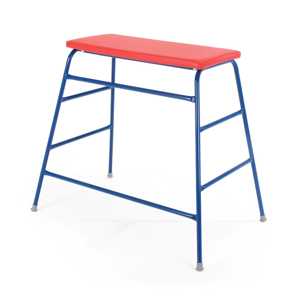 The Niels Larsen Agility Table by Niels Larsen features a red padded seat and sturdy frame, can link with other adjustable height tables, and is shown against a white background.