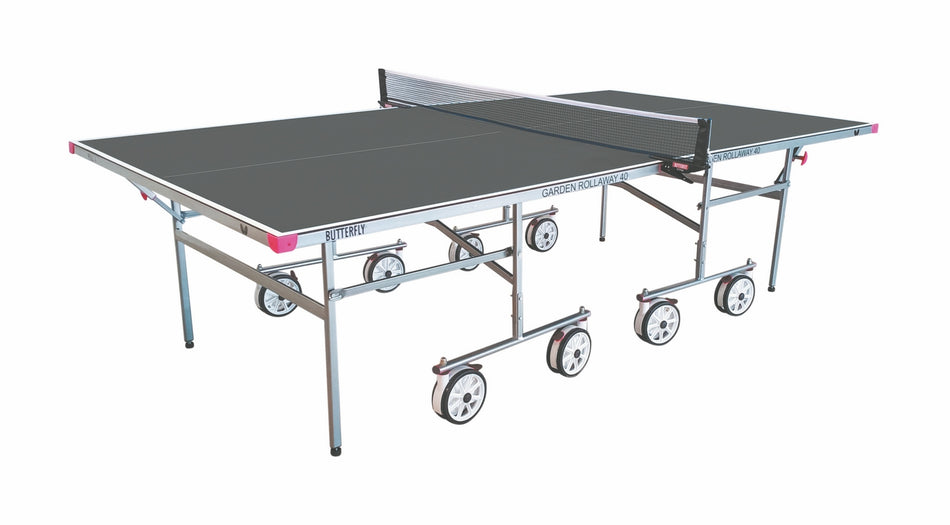 The Butterfly Garden Rollaway 40 Table Tennis Table (Grey) by Butterfly features a foldable design, anti-glare melamine surface, attached net, sturdy metal frame, and large wheels for easy transport and storage.